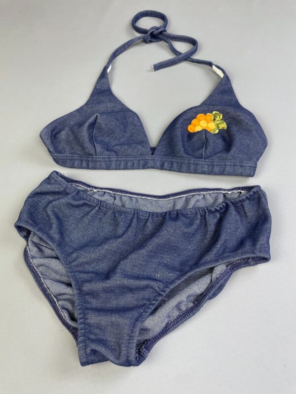 SWEET! 1970S EMBROIDERED CHAMBRAY DENIM 2 PIECE BATHING SUIT WITH BACK POCKET!!