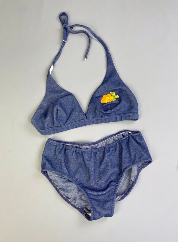 SWEET! 1970S EMBROIDERED CHAMBRAY DENIM 2 PIECE BATHING SUIT WITH BACK POCKET!!