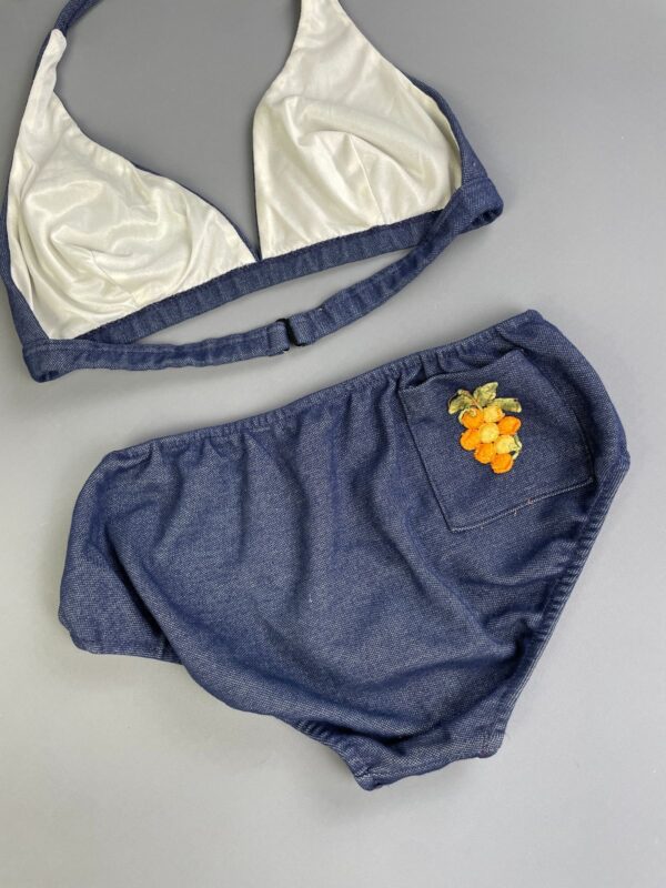 SWEET! 1970S EMBROIDERED CHAMBRAY DENIM 2 PIECE BATHING SUIT WITH BACK POCKET!!