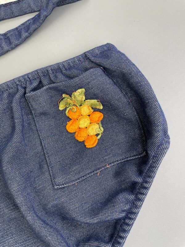 SWEET! 1970S EMBROIDERED CHAMBRAY DENIM 2 PIECE BATHING SUIT WITH BACK POCKET!!