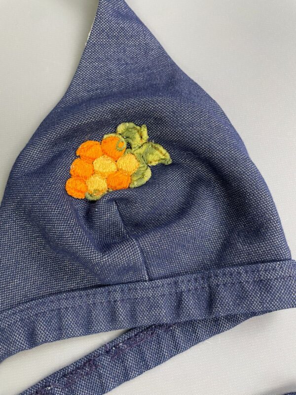 SWEET! 1970S EMBROIDERED CHAMBRAY DENIM 2 PIECE BATHING SUIT WITH BACK POCKET!!