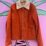 CUTE! 1990S SHERPA LINED BRIGHT ORANGE CORDUROY JACKET – MADE IN HONG KONG