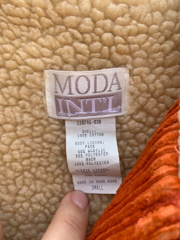 CUTE! 1990S SHERPA LINED BRIGHT ORANGE CORDUROY JACKET - MADE IN HONG KONG