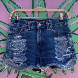 Photo detail:1990S STONEWASH LEVIS 517 DENIM CUTOFF SHORTS FRONT RIPS