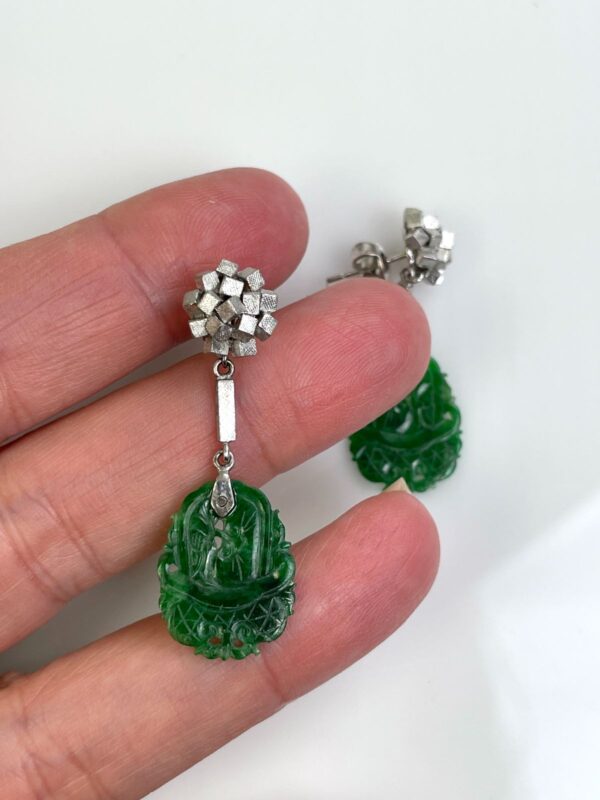 14K WHITE GOLD CARVED JADE EARRINGS, RHODIUM PLATED