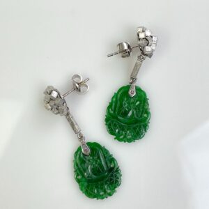 Photo detail:14K WHITE GOLD CARVED JADE EARRINGS, RHODIUM PLATED