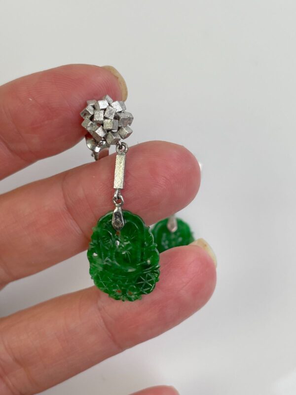 14K WHITE GOLD CARVED JADE EARRINGS, RHODIUM PLATED