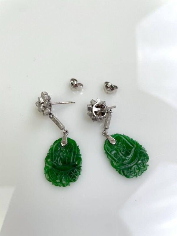 14K WHITE GOLD CARVED JADE EARRINGS, RHODIUM PLATED