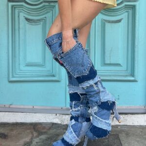 Photo detail:FUN! CUSTOM LEVIS DENIM PATCHWORK KNEE HIGH HEELED BOOTS WITH BACK TAG