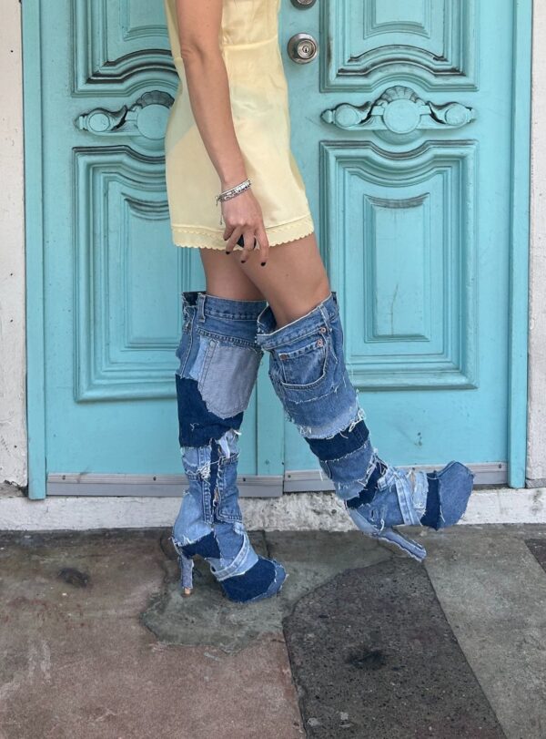 FUN! CUSTOM LEVIS DENIM PATCHWORK KNEE HIGH HEELED BOOTS WITH BACK TAG