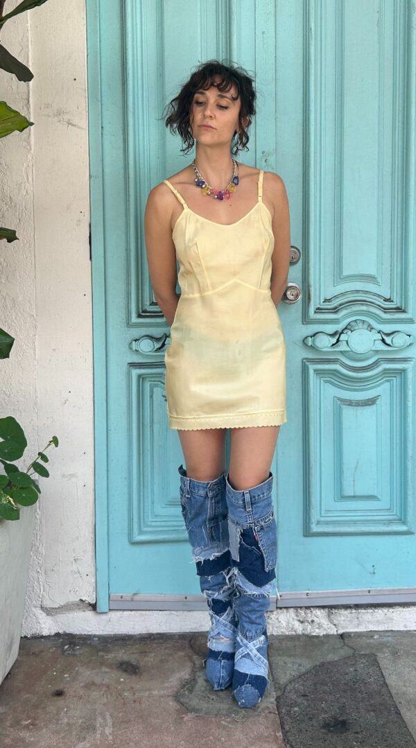 *AS-IS* 1950S-60S ACETATE SCALLOP TRIM BUTTER YELLOW SLIP MINI DRESS - REWORKED