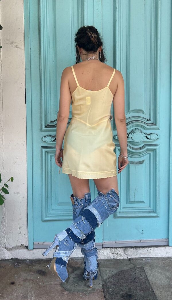 *AS-IS* 1950S-60S ACETATE SCALLOP TRIM BUTTER YELLOW SLIP MINI DRESS - REWORKED