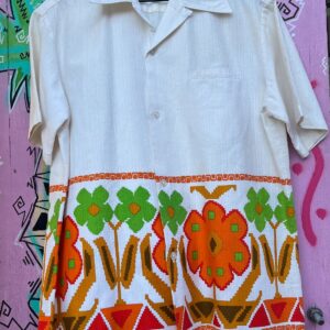 Photo detail:*AS-IS* RAD! 1960S-70S 100% COTTON BARKCOTH FLOWER POWER PRINT HAWAIIAN SHIRT
