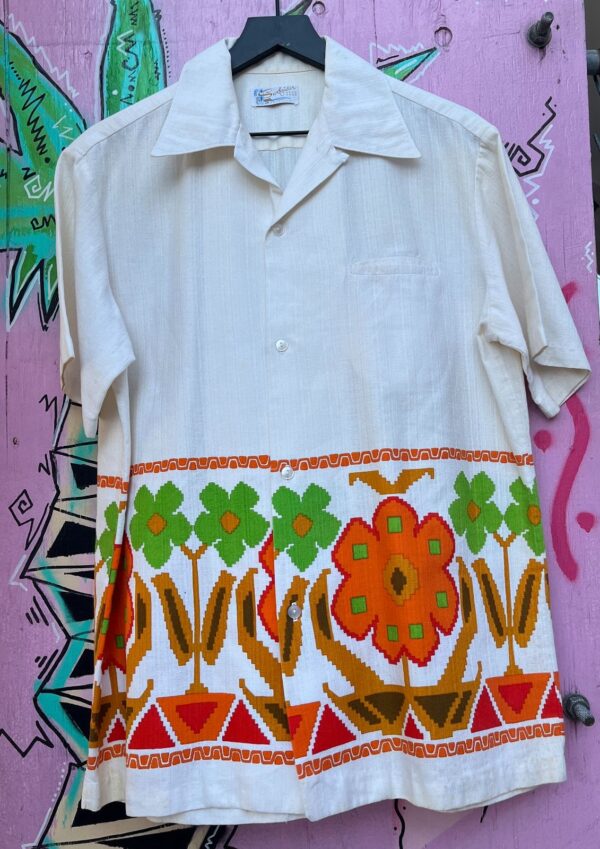 *AS-IS* RAD! 1960S-70S 100% COTTON BARKCOTH FLOWER POWER PRINT HAWAIIAN SHIRT