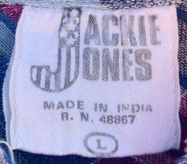 CUTE! 1970S PLAID INDIAN COTTON DOUBLE POCKET SHORT SLEEVE BUTTON DOWN TOP, SILVER THREADING