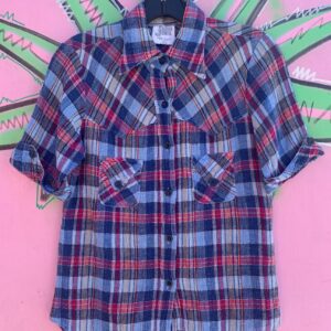 Photo detail:CUTE! 1970S PLAID INDIAN COTTON DOUBLE POCKET SHORT SLEEVE BUTTON DOWN TOP, SILVER THREADING
