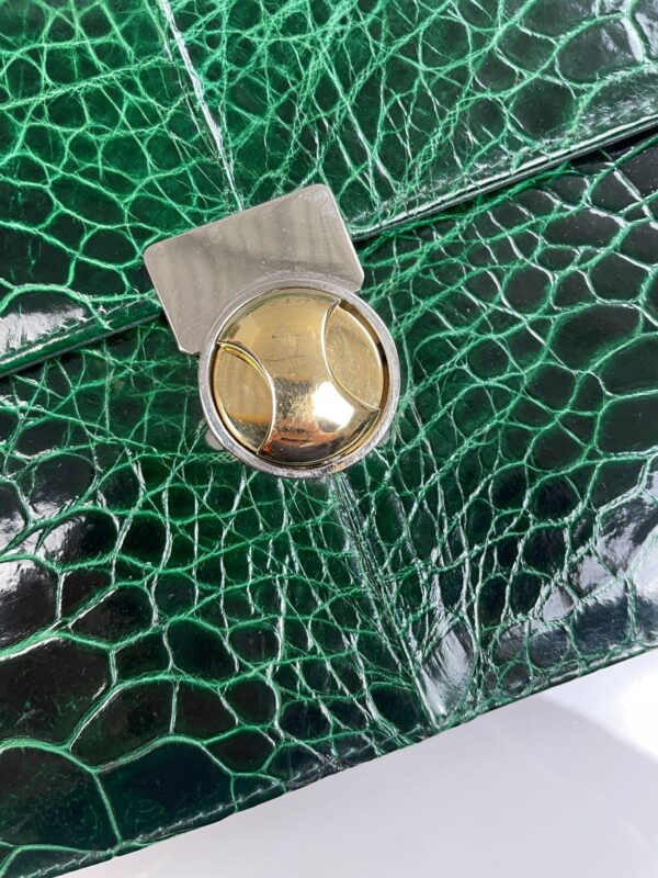 *AS-IS* MADE IN ITALY AUTHENTIC GREEN REPTILE LEATHER HANDBAG/ CLUTCH, UNIQUE 2-TONE LOCKING CLOSURE