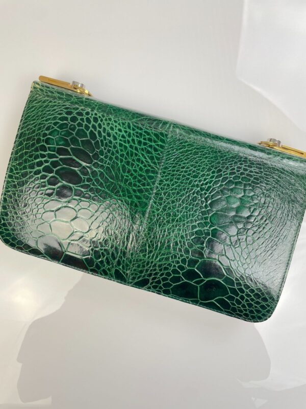 *AS-IS* MADE IN ITALY AUTHENTIC GREEN REPTILE LEATHER HANDBAG/ CLUTCH, UNIQUE 2-TONE LOCKING CLOSURE