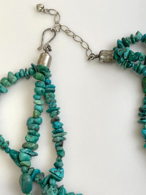 FULLY BEADED TRIPLE STRAND TURQUOISE CHIP NECKLACE, LARGE POLISHED DECO SHAPED PENDANT, 925 STERLING SILVER HARDWARE