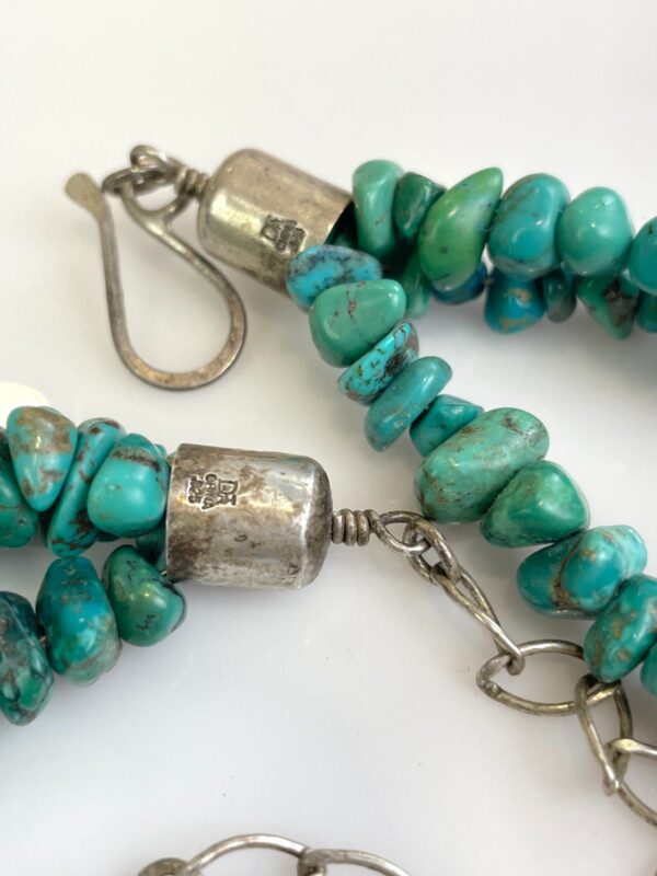 FULLY BEADED TRIPLE STRAND TURQUOISE CHIP NECKLACE, LARGE POLISHED DECO SHAPED PENDANT, 925 STERLING SILVER HARDWARE