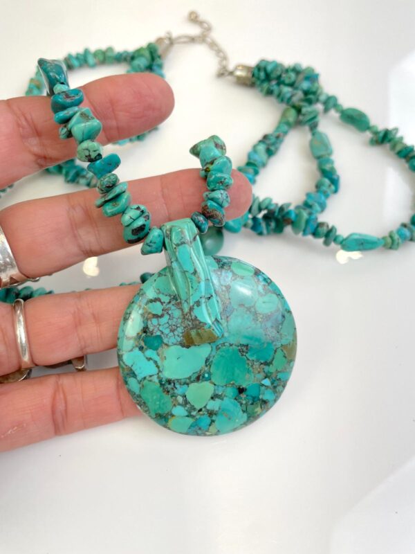 FULLY BEADED TRIPLE STRAND TURQUOISE CHIP NECKLACE, LARGE POLISHED DECO SHAPED PENDANT, 925 STERLING SILVER HARDWARE