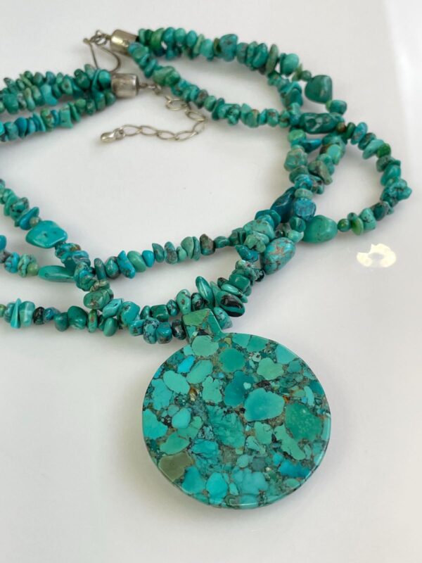 FULLY BEADED TRIPLE STRAND TURQUOISE CHIP NECKLACE, LARGE POLISHED DECO SHAPED PENDANT, 925 STERLING SILVER HARDWARE