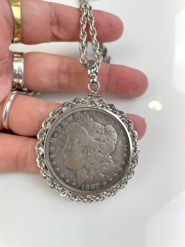 1887 MORGAN SILVER DOLLAR CHAIN WRAPPED PENDANT NECKLACE