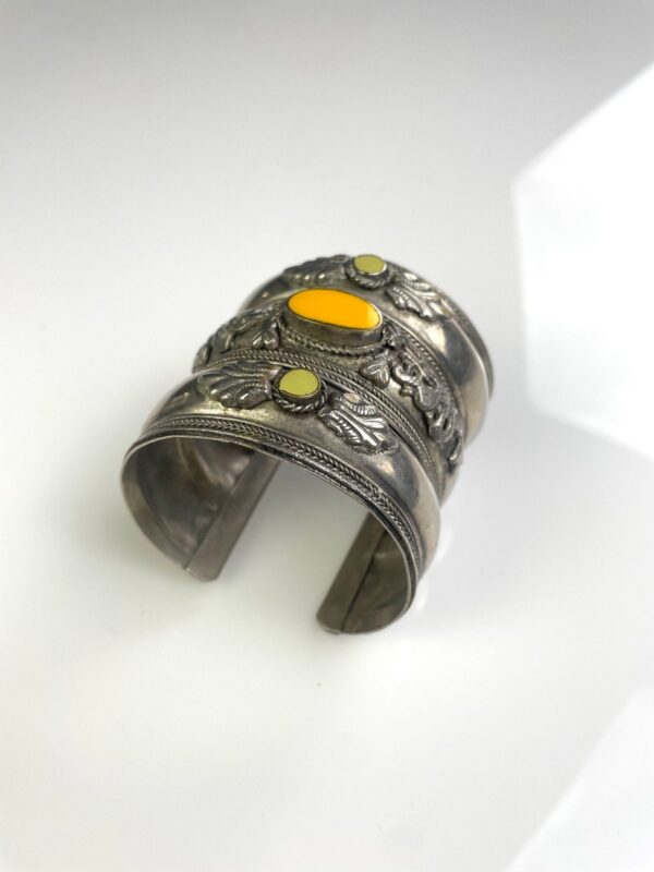 DECORATIVE TRIBAL TRIPLE WIDE SILVER CUFF BRACELET SEMI-PRECIOUS STONE INLAY
