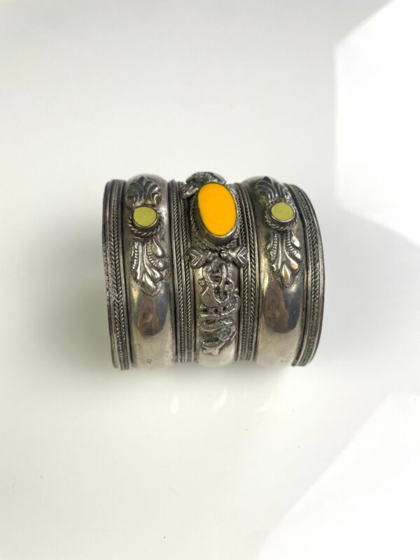 DECORATIVE TRIBAL TRIPLE WIDE SILVER CUFF BRACELET SEMI-PRECIOUS STONE INLAY