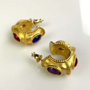 Photo detail:CUTE 1980S VERMEIL GOLD HOOP EARRINGS, COLORED JEWELS *SIGNED K.J.L.