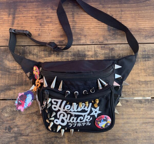 STUDDED NYLON FANNY PACK, ANIME BUTTONS & CHARMS