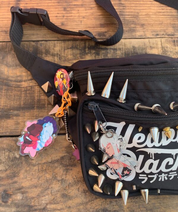 STUDDED NYLON FANNY PACK, ANIME BUTTONS & CHARMS