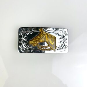Photo detail:*AS-IS* SILVER PLATED RECTANGLE BUCKLE WITH BRASS HORSE PROFILE