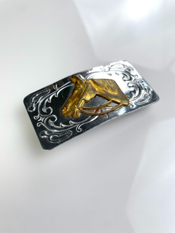 *AS-IS* SILVER PLATED RECTANGLE BUCKLE WITH BRASS HORSE PROFILE