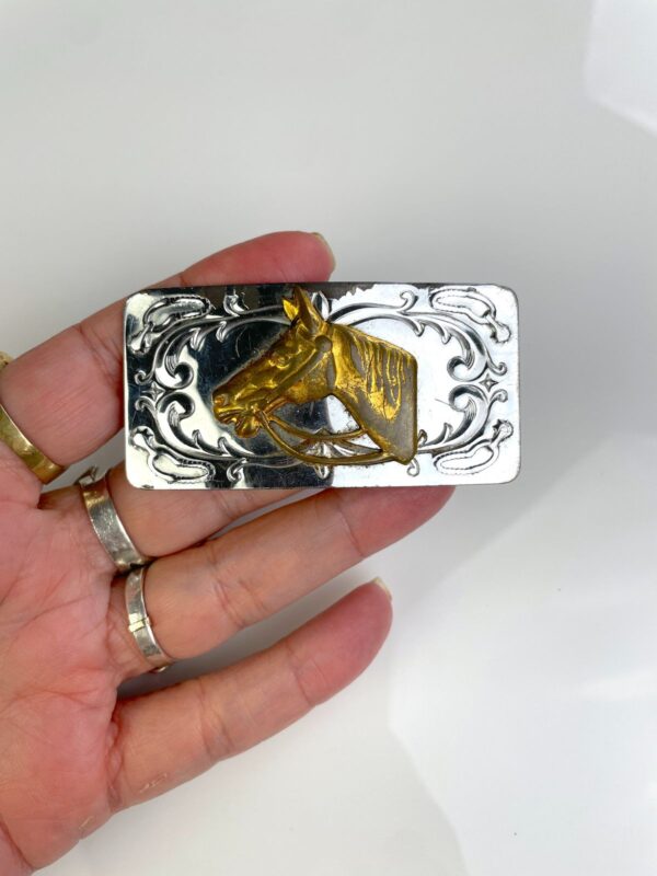 *AS-IS* SILVER PLATED RECTANGLE BUCKLE WITH BRASS HORSE PROFILE