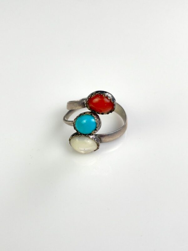 CUTE 925 TRIPLE POLISHED STONE ADJUSTABLE STERLING SILVER RING (CORAL, TURQUOISE, MOP)