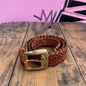 Photo detail:CLASSIC! 1990S WIDER CUT COGNAC LEATHER BRAIDED BELT SOLID BRASS BUCKLE