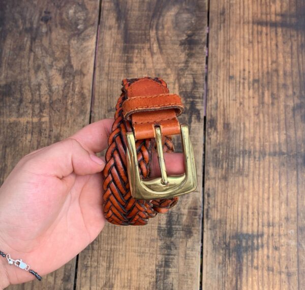 CLASSIC! 1990S WIDER CUT COGNAC LEATHER BRAIDED BELT SOLID BRASS BUCKLE
