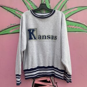 Photo detail:CUTE! RETRO HEATHERED KANSAS VARSITY SWEATSHIRT STRIPED & RIBBED COLLAR & CUFFS