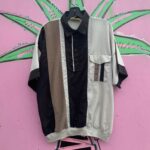 *AS-IS* RETRO NEUTRAL COLOR BLOCK MENS HENLEY SHIRT BANDED HEM, RIBBED PANEL