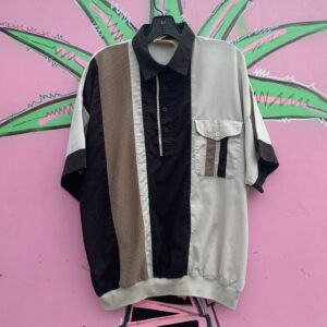 Photo detail:*AS-IS* RETRO NEUTRAL COLOR BLOCK MENS HENLEY SHIRT BANDED HEM, RIBBED PANEL