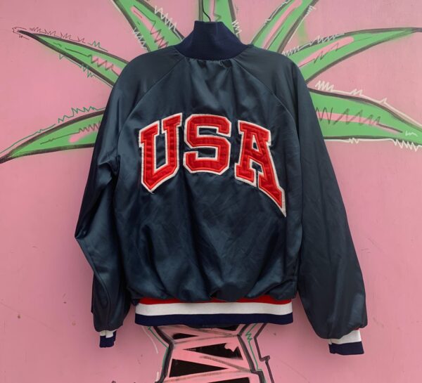 USA OLYMPIC TEAM SATIN BOMBER JACKET SNAP BUTTONS - USA APPLIQUE BACK LETTERING