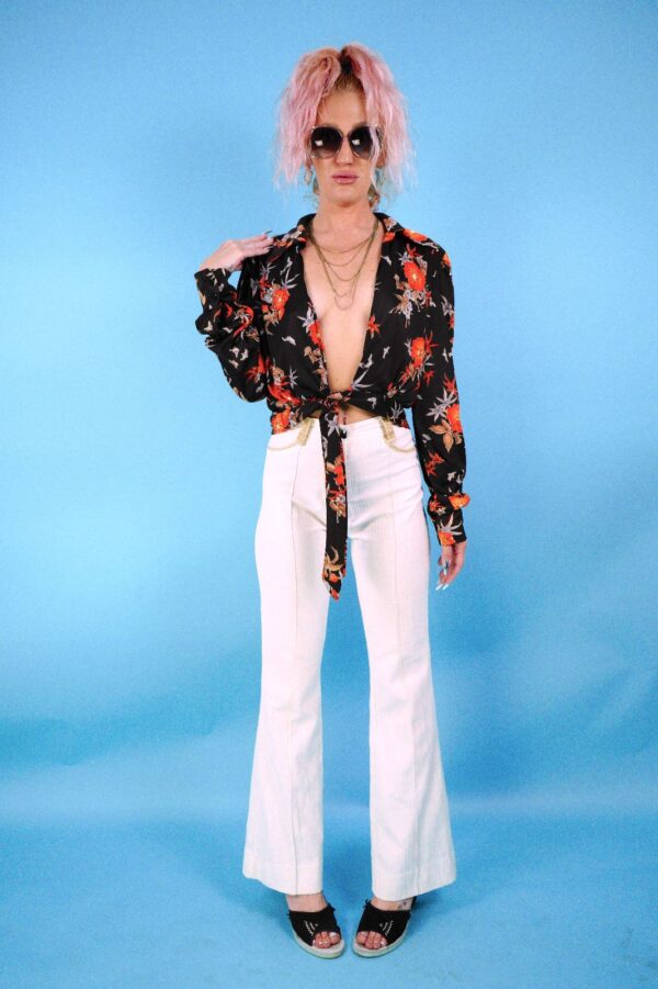*AS-IS* 1970S AUTUMN TONE FLORAL COLLARED POLY WRAP TOP