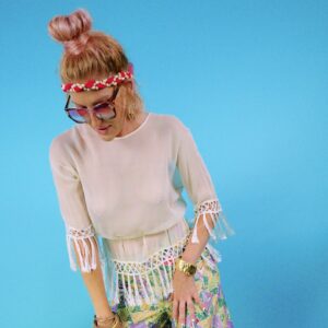 Photo detail:*AS-IS* GORGEOUS! SHEER 100% SILK BOXY BELTED BLOUSE TASSELED FRINGE ACCENTS