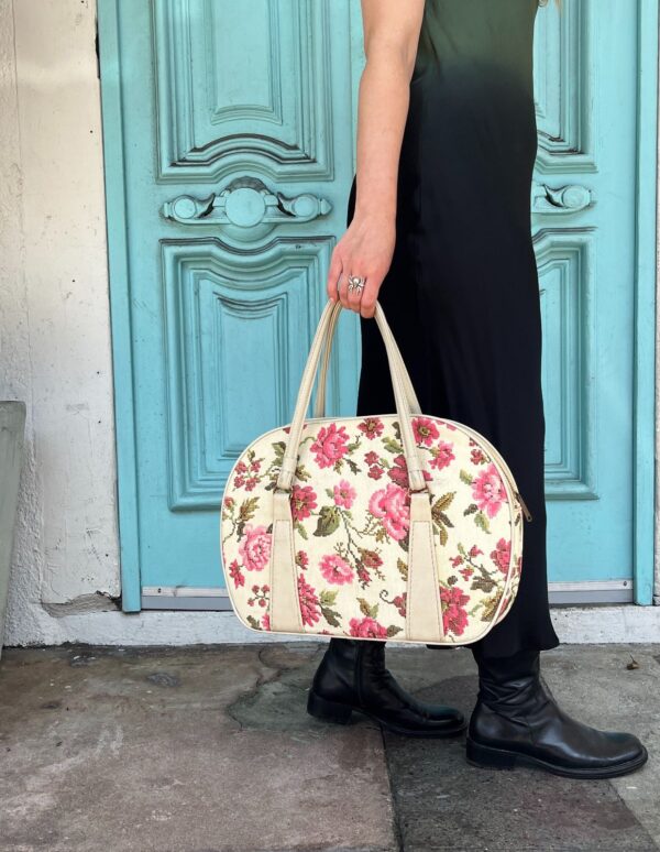 AWESOME 1960S FLORAL TAPESTRY BAG DOUBLE COMPARTMENT BRASS ZIPPER