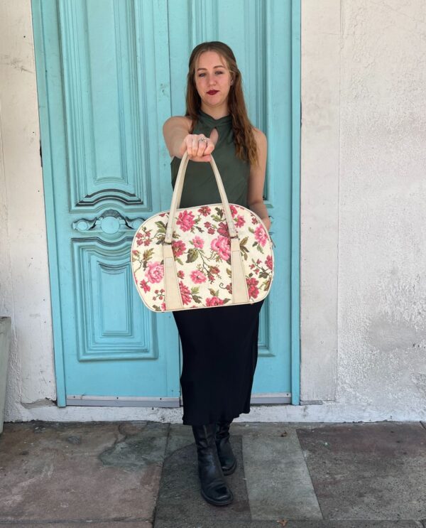 AWESOME 1960S FLORAL TAPESTRY BAG DOUBLE COMPARTMENT BRASS ZIPPER