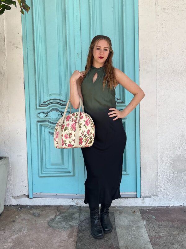 AWESOME 1960S FLORAL TAPESTRY BAG DOUBLE COMPARTMENT BRASS ZIPPER