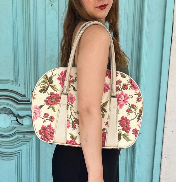 AWESOME 1960S FLORAL TAPESTRY BAG DOUBLE COMPARTMENT BRASS ZIPPER