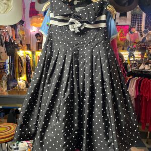 Photo detail:1980S DOES 50S POLKA DOT BLACK A-LINE STRAPLESS PARTY DRESS BOW DETAIL