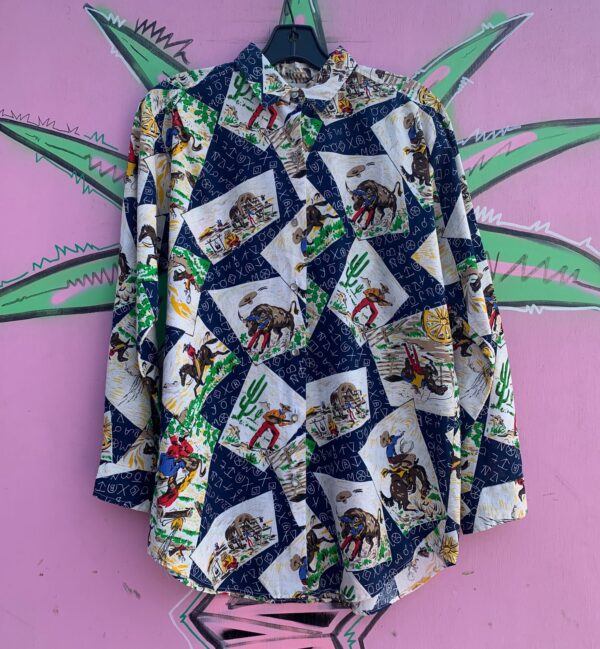 1990S TEXAS BULL RIDER & COWBOY PRINT PEARL SNAP WESTERN SHIRT